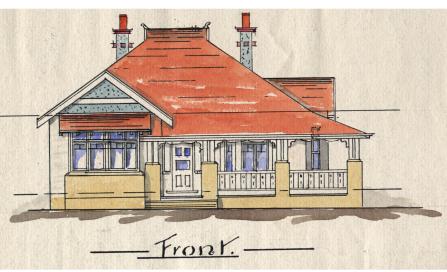 , This unsigned 1911 plan for a Neutral Bay cottage is possibly the oldest architectural drawing in North Sydney Council's collection. The house features the high-pitched terracotta roof, tall chimneys and decorative timber work characteristic of the Queen Anne English Revival style from the Federation-era. Stanton Library collection