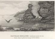 , This French engraving from the 1820s is probably based upon sketches made around 1801. The headland closely resembles Balls Head which was well-used by Cammeraygal people. The caption in French refers to caves with people hunting and fishing. National Library of Australia