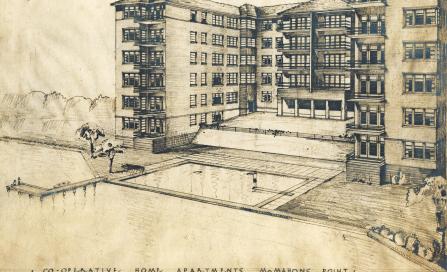 , Aaron Bolot's 1947 sketch of the building shows a misleadingly neat interface between the garden and the foreshore of Berrys Bay. A waterfront pool was eventually completed as part of the development. Stanton Library