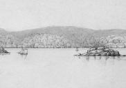 , This detail, from an 1840 pencil sketch by Louisa Meredith, shows a two storey house near Robertsons (Cremorne) Point. It was one of the few stone dwellings on the north side at this time and may have belonged to John Robertson after whom the Point was named. The island in the foreground is Pinchgut which was about to be levelled to build the fortification that would become Fort Denison. Courtesy of Powerhouse Museum